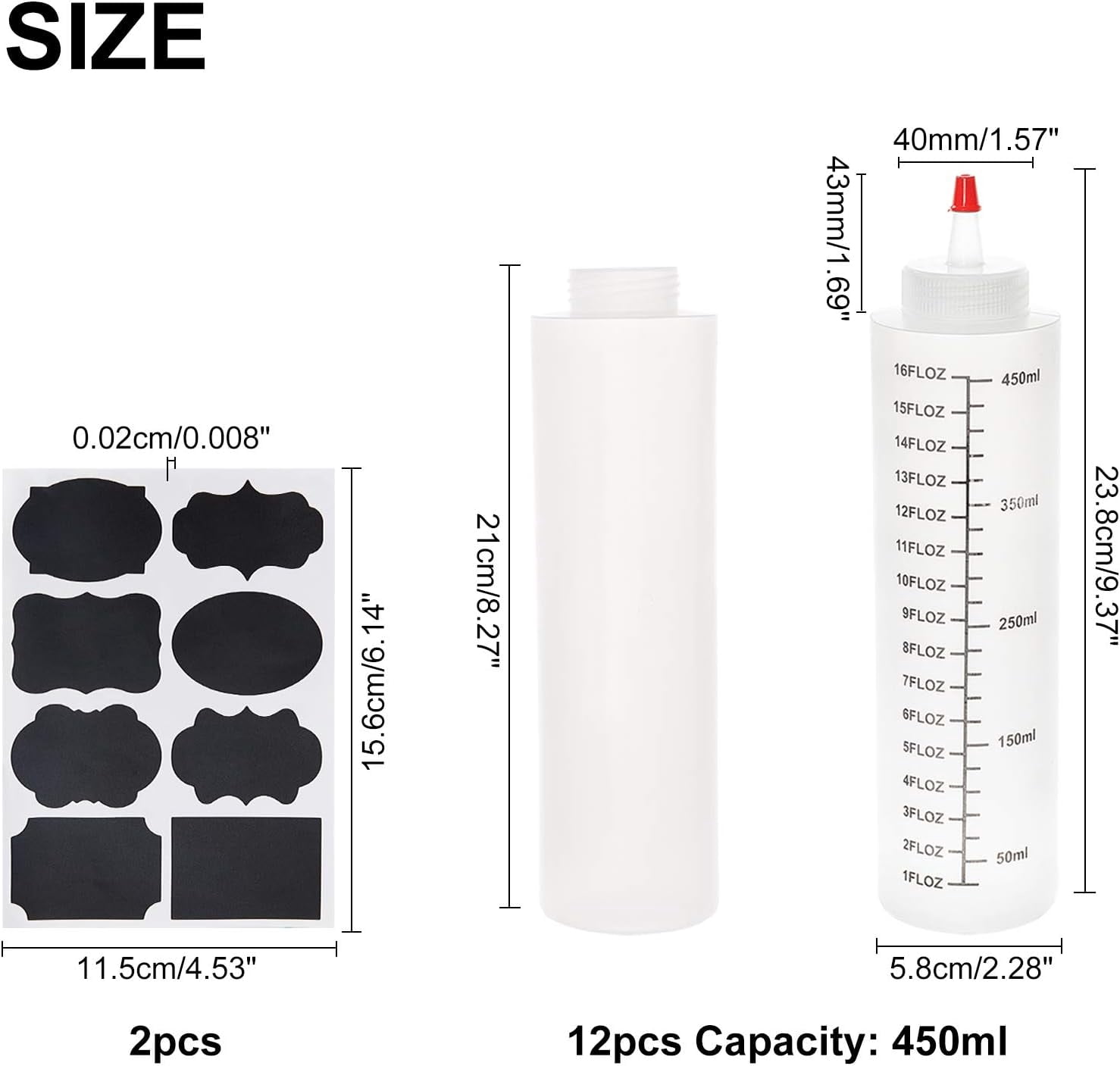 15oz Plastic Squeeze Bottles with Scale Red Tip Cap 450ml Squirt Bottles with Sticker Labels for Glue Acrylic Paint Arts Crafts 12 Pack