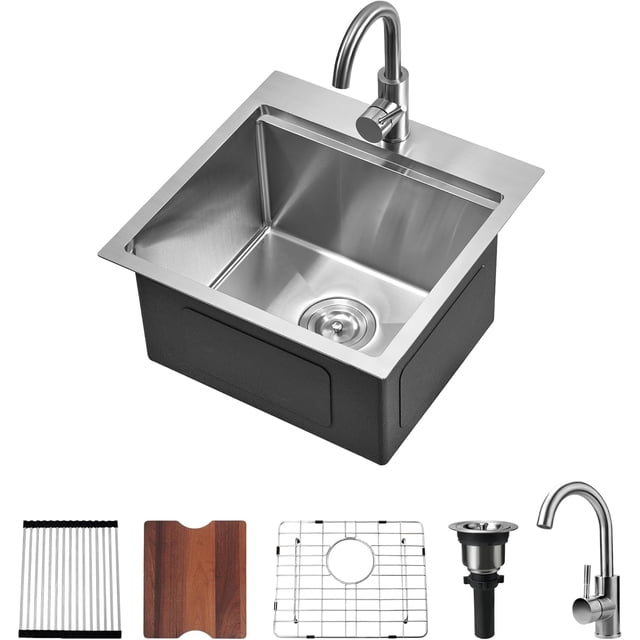 Drop in Kitchen Sink Workstation Nano Stainless Steel Deep Single Bowl with Quick Drainage & Tarnish- Surface for Bar Laundry RV Includes Accessories