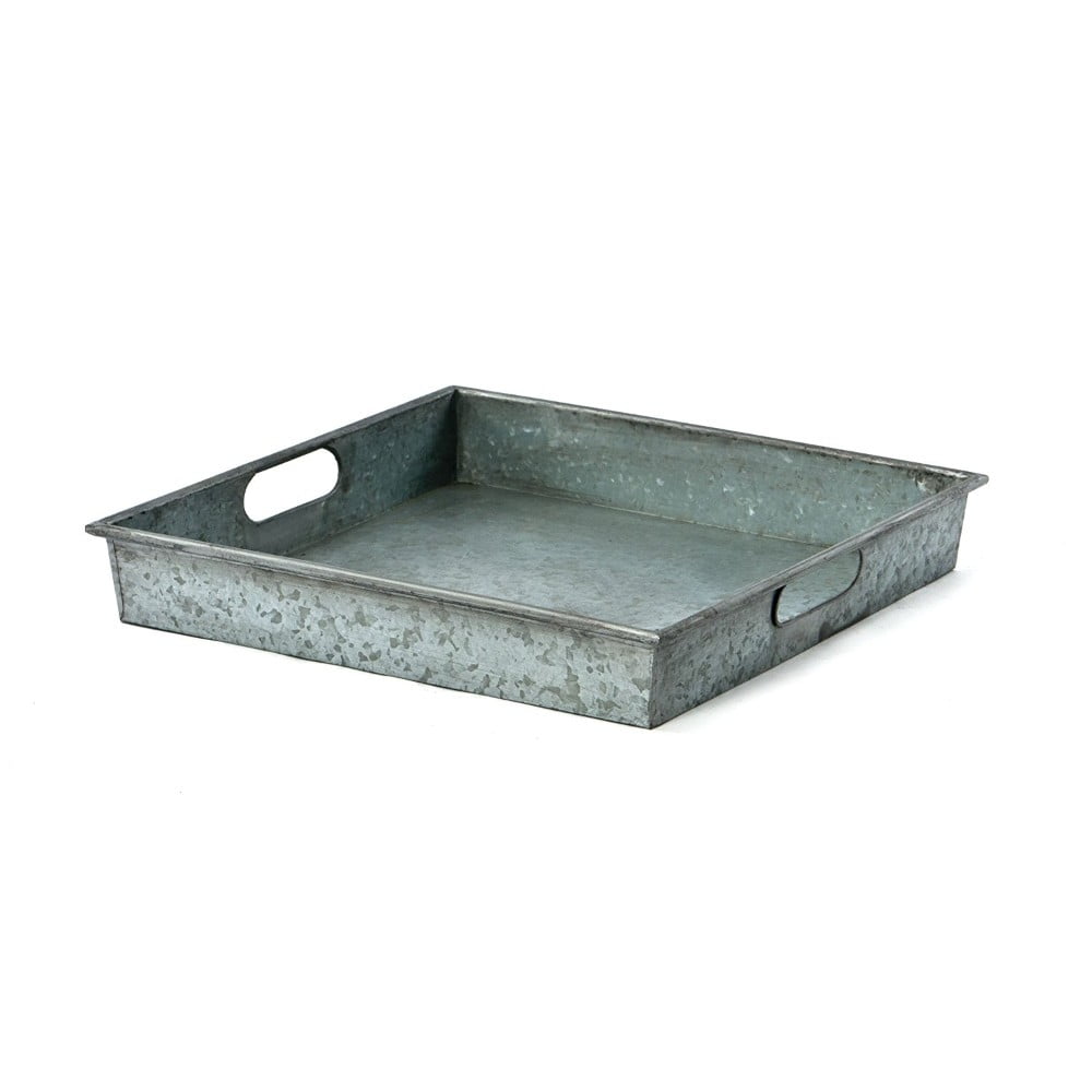 Benzara Square Galvanized Metal Tray With Handle, Gray
