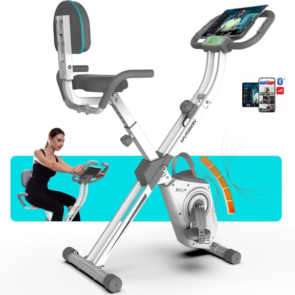 HARISON Foldable Exercise Bike 350 lb Capacity, 4 in 1 Magnetic Stationary Bikes for Home with 16-Level Resistance and Bluetooth, Magnetic X-Bike with LCD Monitor & Back Support