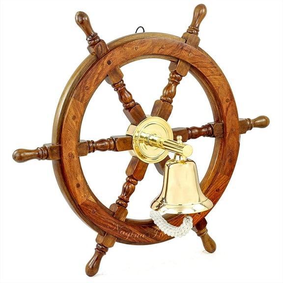 Nautical Brass Bell Mounted Hand Crafted Authentic Rosewood Ship Wheel Extension Rod | Wall Decor Maritime Accent Gift | Nagina International (20 Inches)