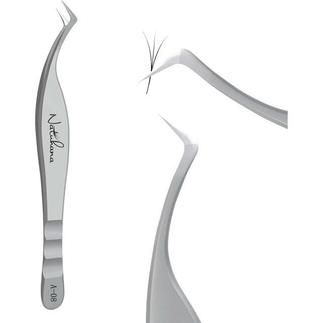 Natuhana High Precision Lash Tweezers for Eyelash Extensions Anti-Slip Premium Stainless Steel Curved Tip Tweezers for Professional & Beginner Use (A-08)