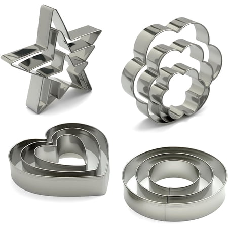 Stainless Steel Cookie Cutters Set 12Pcs - Heart Flower Round Five Star Shapes - Small to Mini Size Metal Biscuit Cutter Molds for Baking or Holiday Party Decorations
