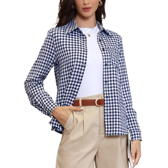 Plaid Shirt Women Button Down Long Sleeve Collared Shirts Gingham Top Casual Work Blouse XS Blue Plaid