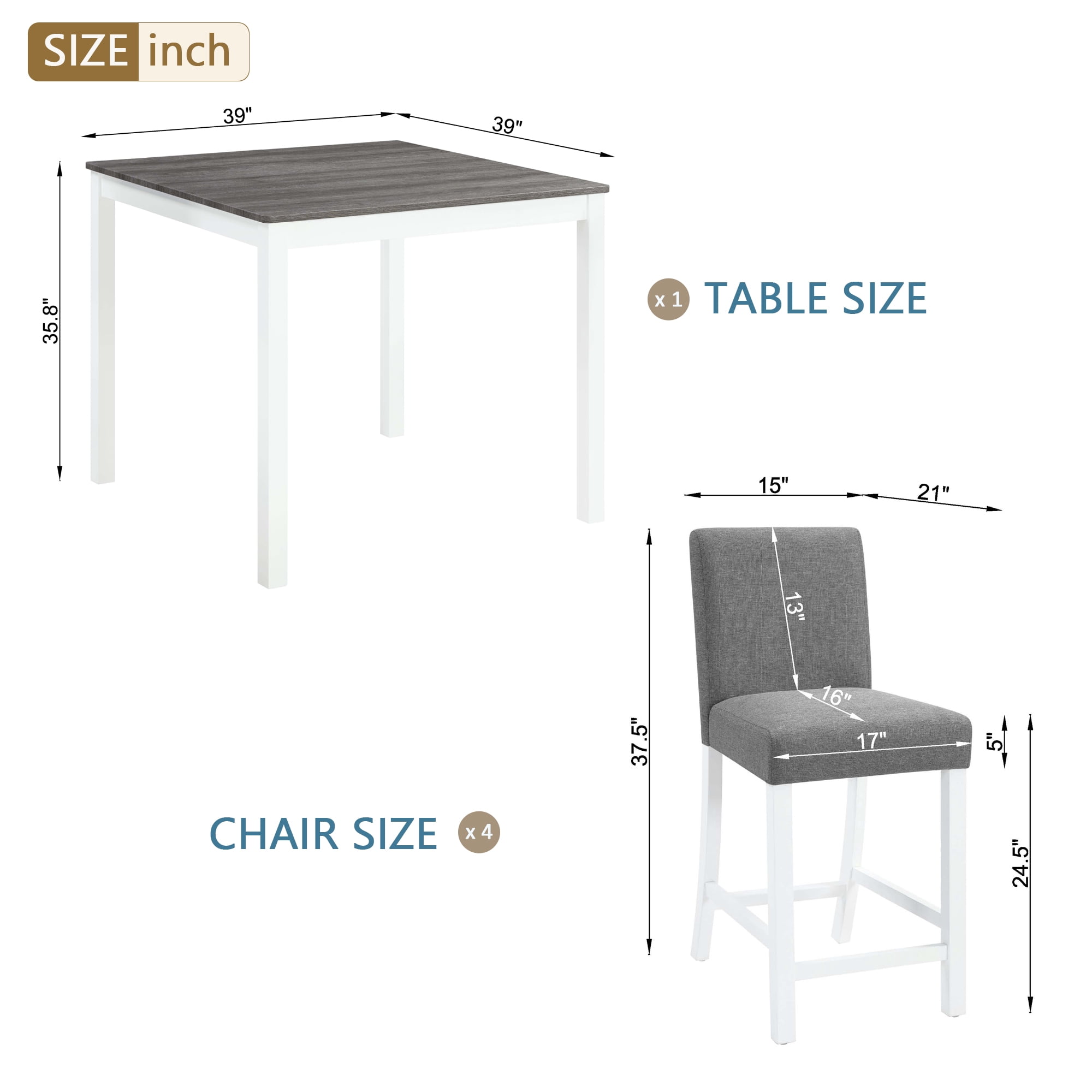 BSHTI 39" 5-Piece Rectangle Counter Height Table Set with Upholstered Chairs, Modern Space Saving Design for Dining Room（Grey & White）