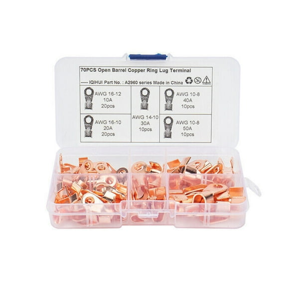 70PCS Heavy Duty Open Barrel Wire Crimp Connector Copper Ring Lug Terminals Kit TAPDRA Spare Part