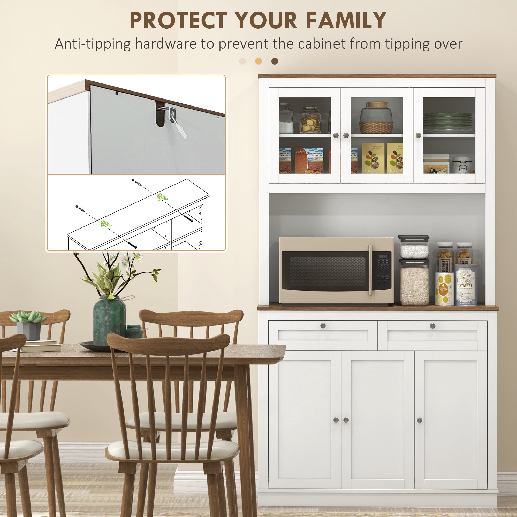 HOMCOM 71" Tall Kitchen Pantry Storage Cabinet with 2 Drawers, Microwave Cabinet with Adjustable Shelves and Glass Doors, White