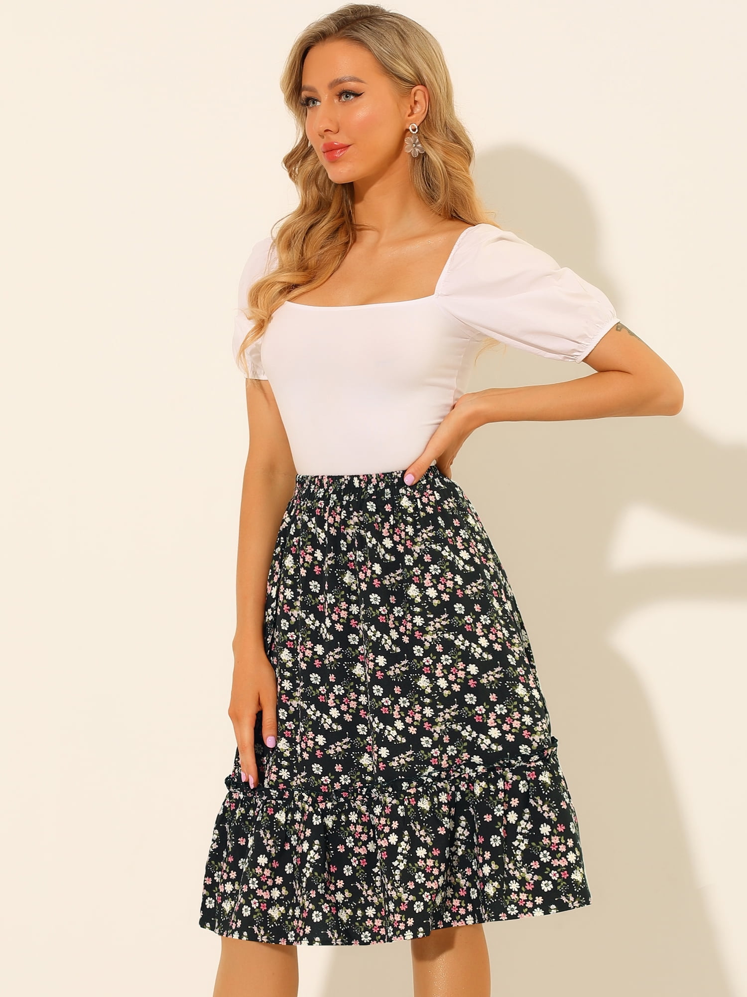 DARING DIVA Women's Flowy Ruffle Hem Tiered Floral Midi Skirt 2XL Black