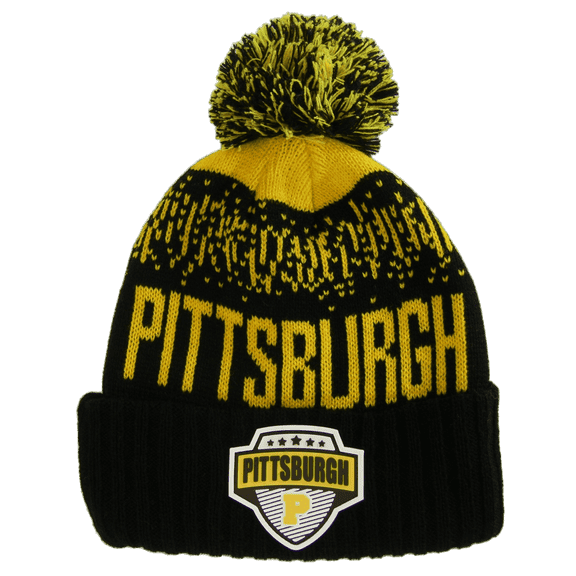 Pittsburgh City Name Rubber Patch Ribbed Winter Knit Pom Beanie (Black/Gold)