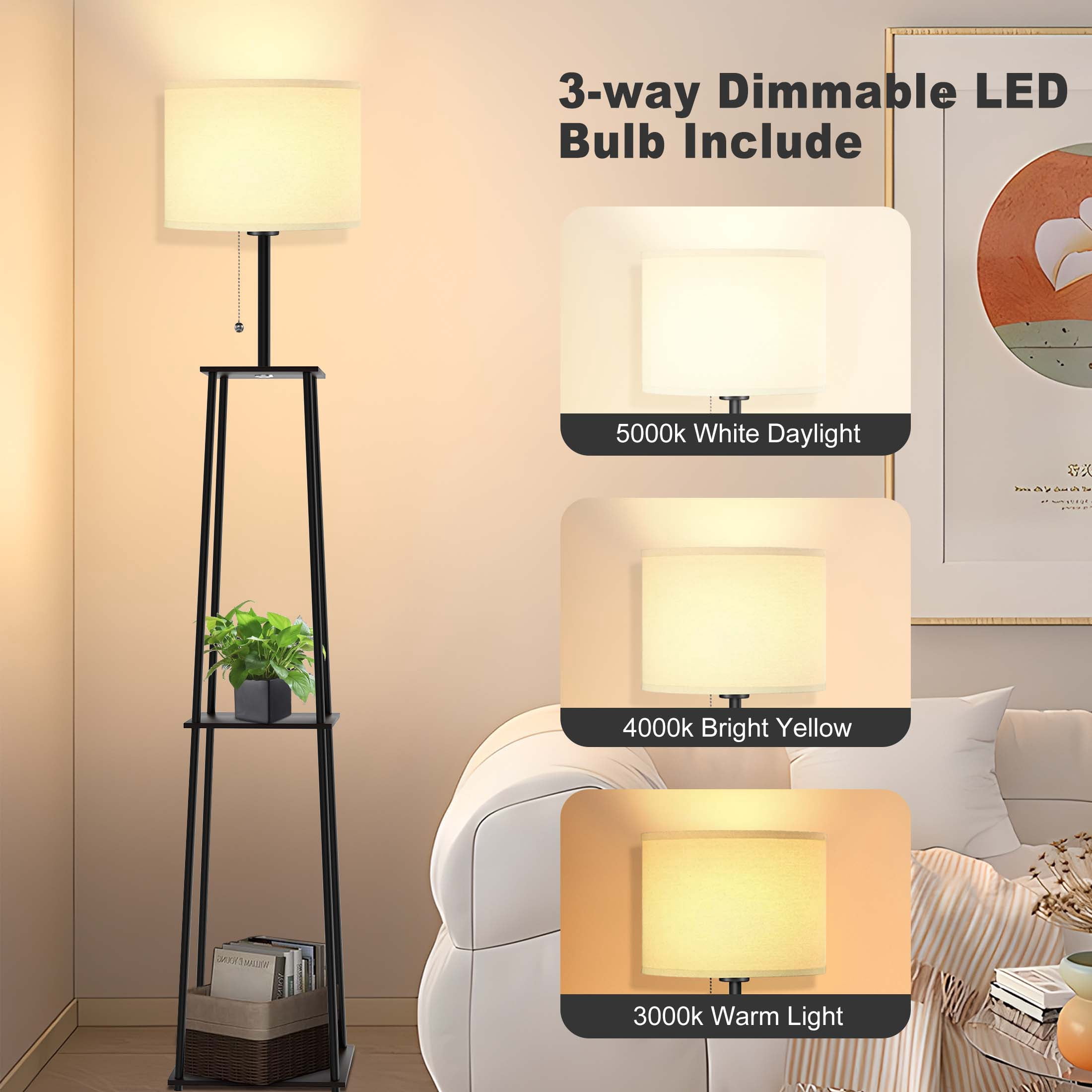 65" Floor Lamp with Shelves, Modern Square Standing Lamp with 3 Color Temperature Bulb – Corner Display Bookshelf Lamp for Living Room and Bedroom