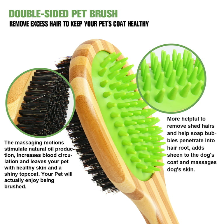 Soft Bristle Dog Brush for Short Haired Cats or Dogs - Firm Bristles to Remove Dust, Dirt, and Loose Fur - Hook and Rubber Handle