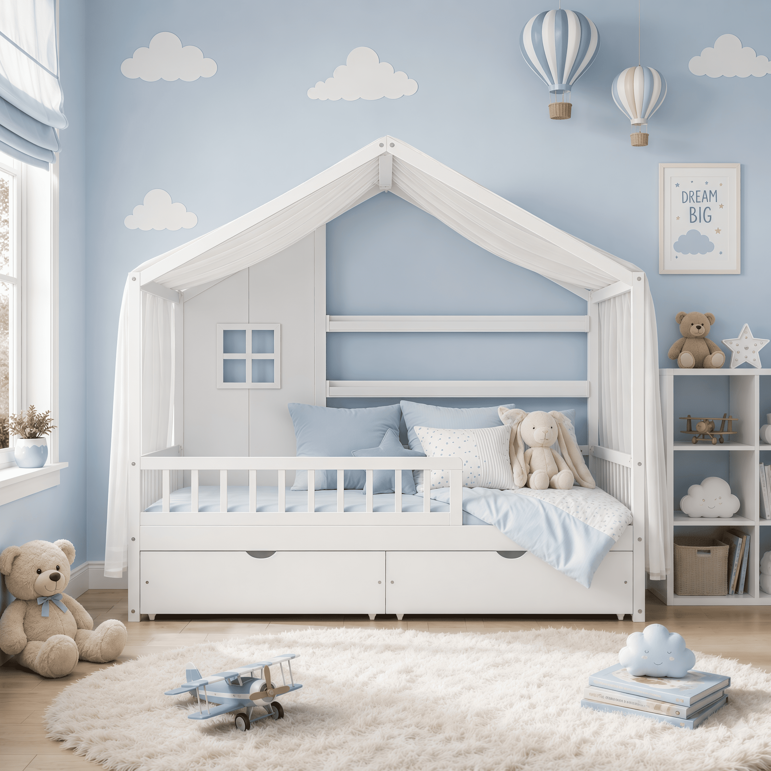 Euroco Wood Full Size House Bed with Roof and Curtains, Montessori Floor Bed with Drawers and Safety Guardrails,No Box Spring Needed, White
