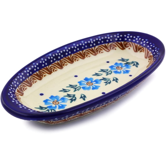 Polish Pottery 7¼-inch Condiment Dish (Blue Cornflower Theme) Hand Painted in Boleslawiec, Poland   Certificate of Authenticity