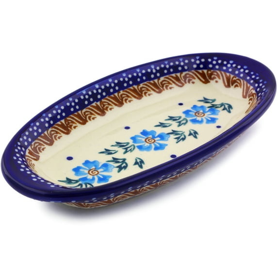 Polish Pottery 7¼-inch Condiment Dish (Blue Cornflower Theme) Hand Painted in Boleslawiec, Poland + Certificate of Authenticity