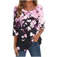 thumbnail image 2 of Womens Tops Printed 3/4 Sleeve Button Round-Neck Blouses Casual T-shirt Tops Black M,Tops for Women, 2 of 5