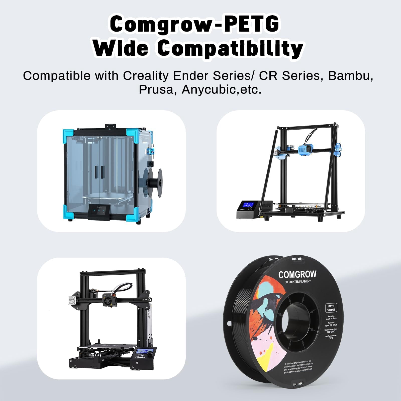 Comgrow PETG 3D Printer Filament 1.75mm, 6 Pack 1kg Spools, High Precision Tough Filament,No Clogging or Bubbles, Compatible with Most FDM 3D Printers(Black/White/Cherry Red/Pine Green/Purple/Brown)