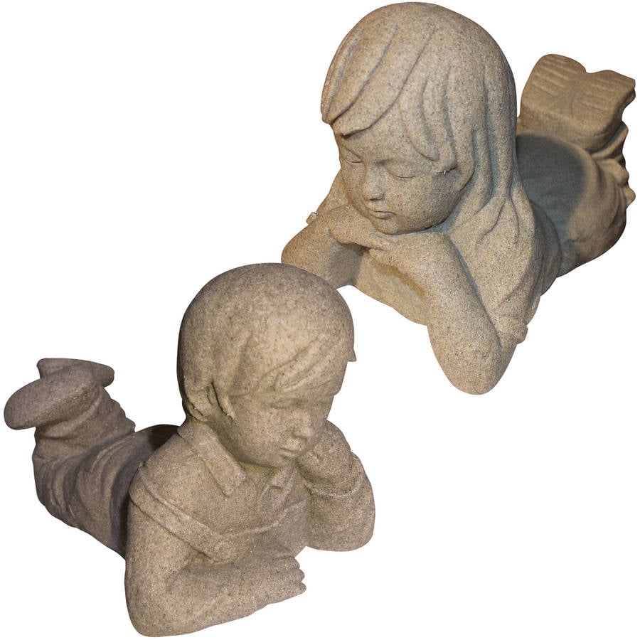 Day Dreaming Boy and Girl Statues Natural Sandstone Appearance Made of Resin Lightweight