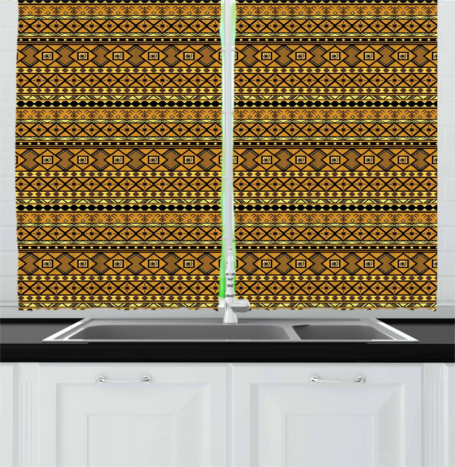 Tribal Curtains 2 Panels Set, Geometric Pattern with African Ethnic