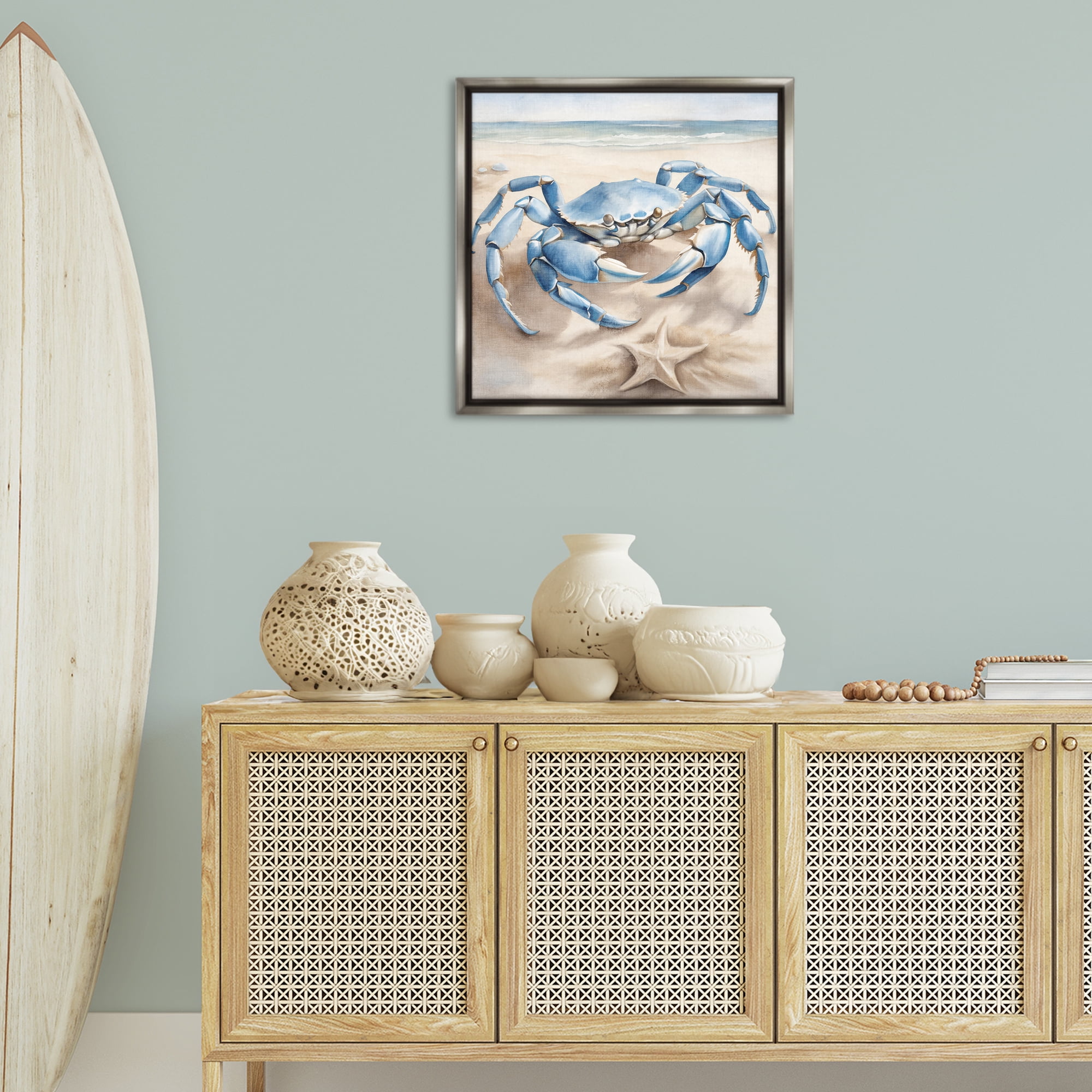 Stupell Industries Crab & Starfish on Beach Animals & Insects Painting Gray Floater Framed Canvas Art Print Wall Art, 25 x 25