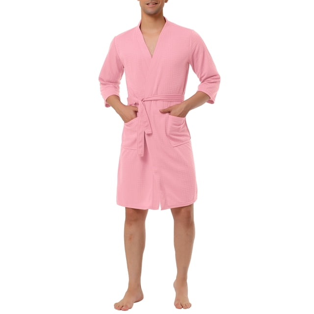 INSPIRE CHIC Men's Waffle Spa Robe Solid Color Sleepwear Long Sleeves Bathrobe XS Pink