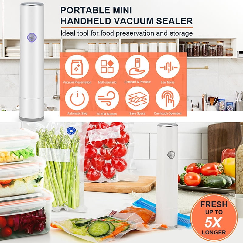Compact Vacuum Sealer for Food (Vacuum Sealer Machine + 5 Reusable Vacuum Bags) Powerful Handheld Vacuum Sealer Machine, Seal Meal Saver, Portable Food Sealer