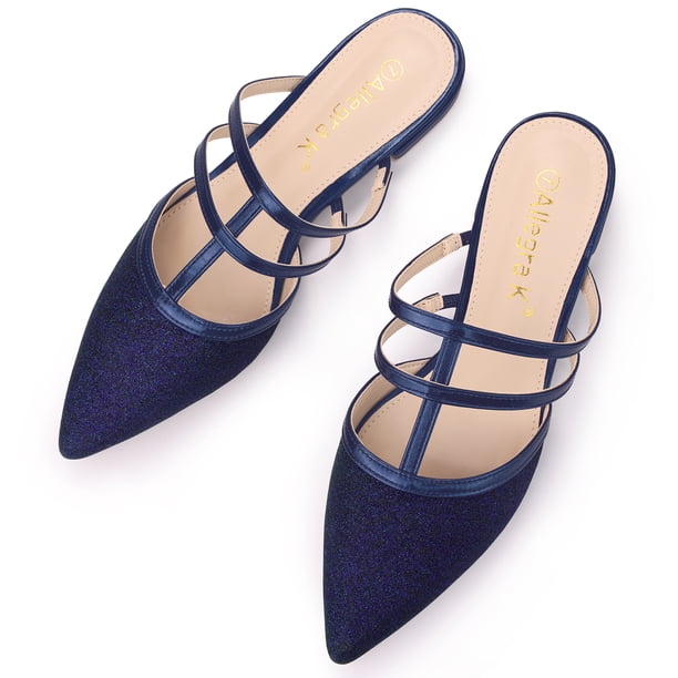 Mules Planas Correa T Dedo Pie Puntiagudo Purpurina Azul profundo 24cm