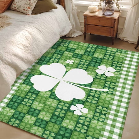 Area Rug 48&times;72in St. Patrick s Day Lucky Shamrock Floor Carpet Living Room Rug Watercolor Leaves Plaid Non-Slip Welcome Mat Indoor Rugs for Bedroom Dining Room