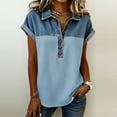 thumbnail image 2 of Sentmoon Ensembles 2 Pcs pour Femmes Été Haut en Denim pour Femmes Hauts de Printemps pour Femmes Manches Courtes Col à Revers Patchwork Coupe Régulière avec Imprimé Haut d'Été Extensible Mode 3TG-5TG, 2 of 6