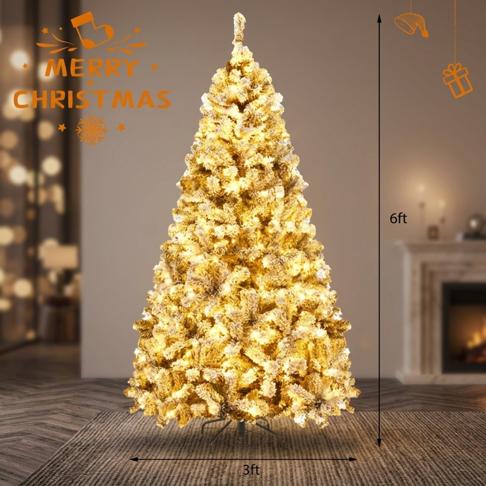 RUIE, 6 ft, Artificial Christmas Tree, with 250 LED Lights, 600 Branch Tips, Snow Flocked Holiday Xmas Tree for Indoor Home Office Decoration