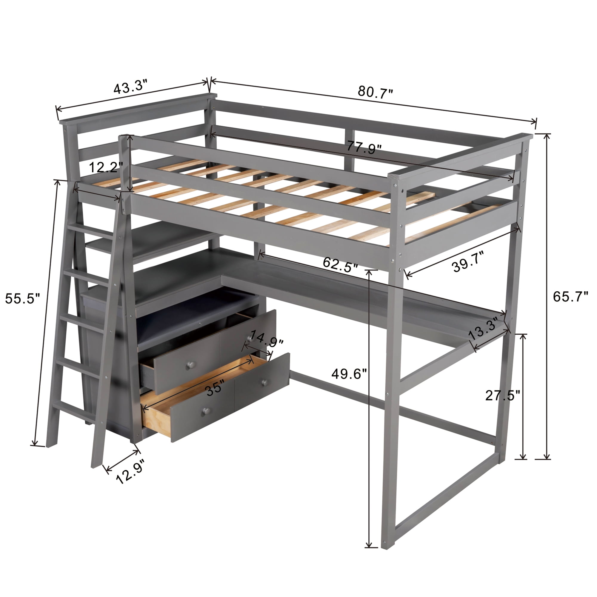 Twin Wood Slat Loft Bed with Desk and Ladder - AptDeco