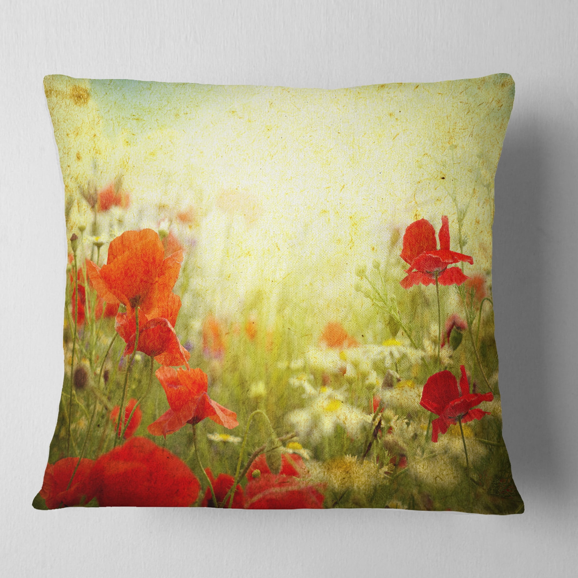 Designart Grunge Background with Red Poppies - Floral Throw Pillow - 18x18