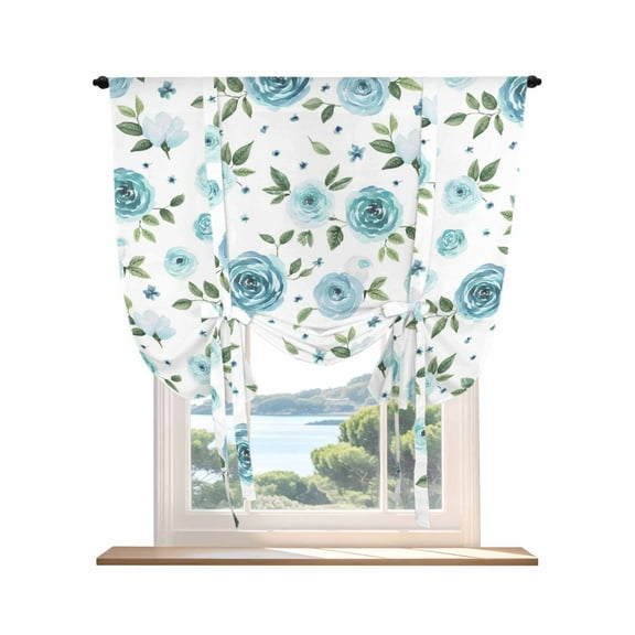 Turquoise Flowers Tie Up Curtains for Windows 63 Inch Length Balloon Curtains Kitchen Adjustable Balloon Window Shade Modern Botanical Floral Leaves Plants Tie Up Bathroom Curtain Window 52"x63"
