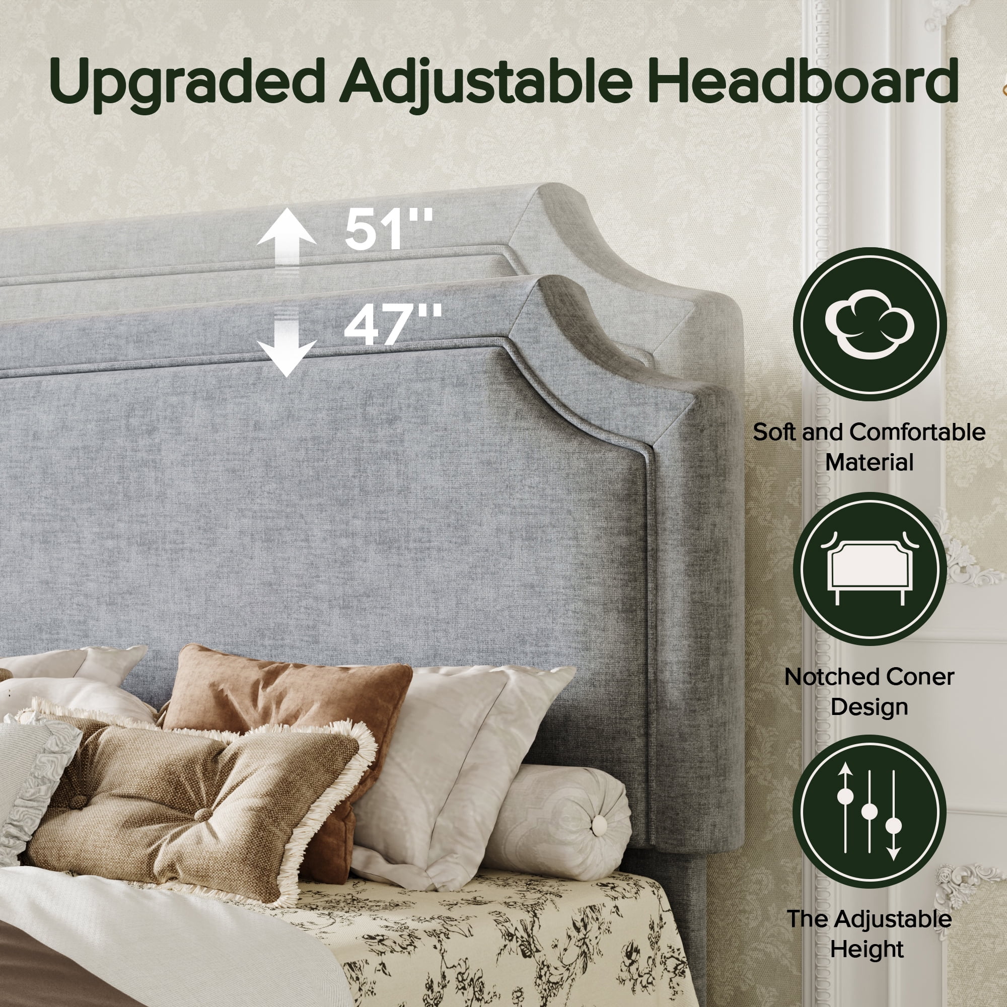 Amolife King Bed Frame, Upholstered Platform Bed with Streamlined Adjustable Headboard, No Box Spring Required, Grey, Chenille Fabric