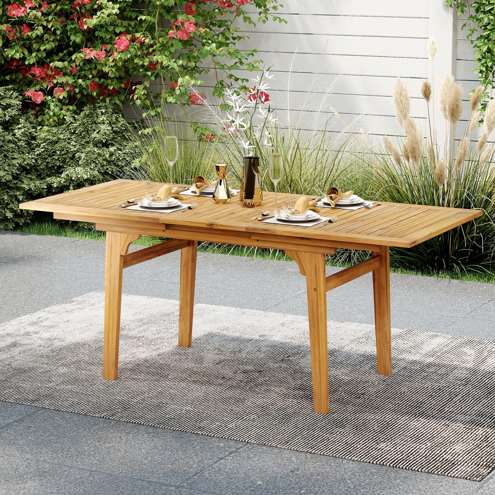 Costway 2 PCS Outdoor Dining Chairs Acacia Wood Patio Chairs with Breathable Fabric Seat