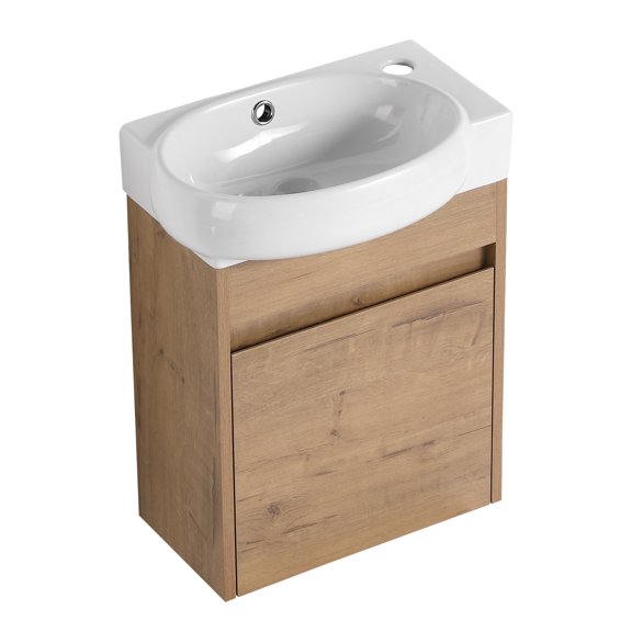 16.8 Inch Modern Compact Wall-Mounted Imitative Oak Bathroom Vanity Cabinet With Ceramics Sink Basin & Soft-Close Cabinet Door