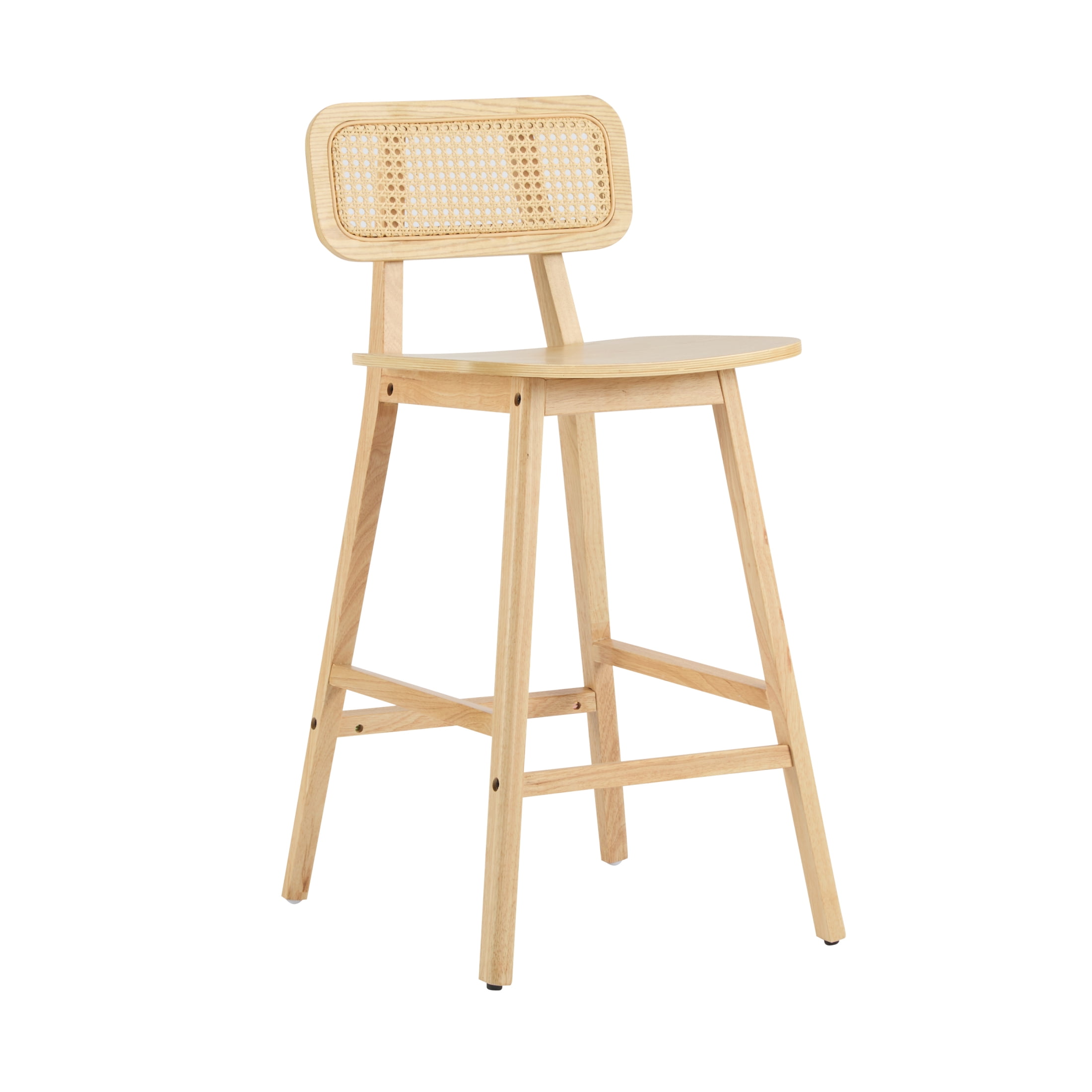 Christopher Knight Home 25.75" Mid-Century Modern Barstools with Rattan Backrest and Solid Wood Frame, Natural, Set of 2