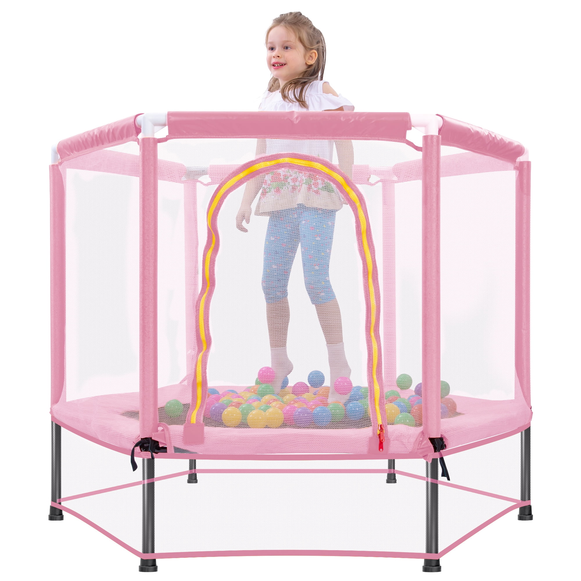 Arspjes 55'' Trampoline for Kids,Indoor Outdoor Mini Trampoline with Safety Enclosure Net and Balls,Small Trampoline Birthday Gifts for Boys and Girls,Pink