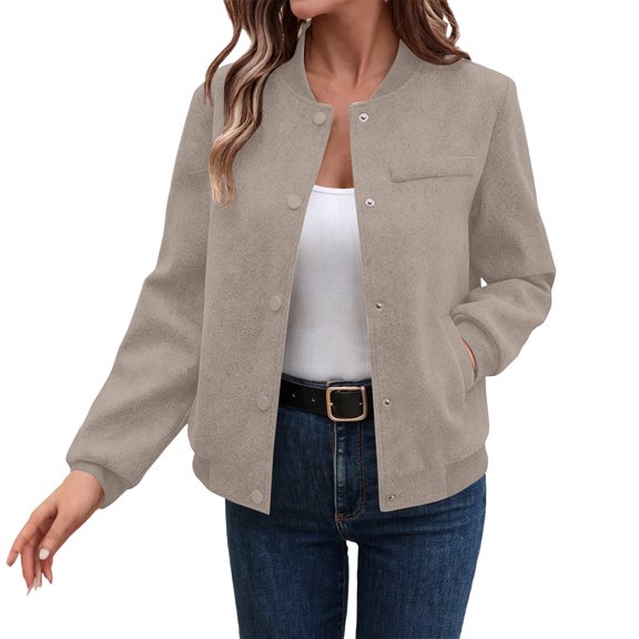 IUYRTFE Women's Stand Collar Snap Button Bomber Jacket Long Sleeve Casual Winter Coat with Pockets