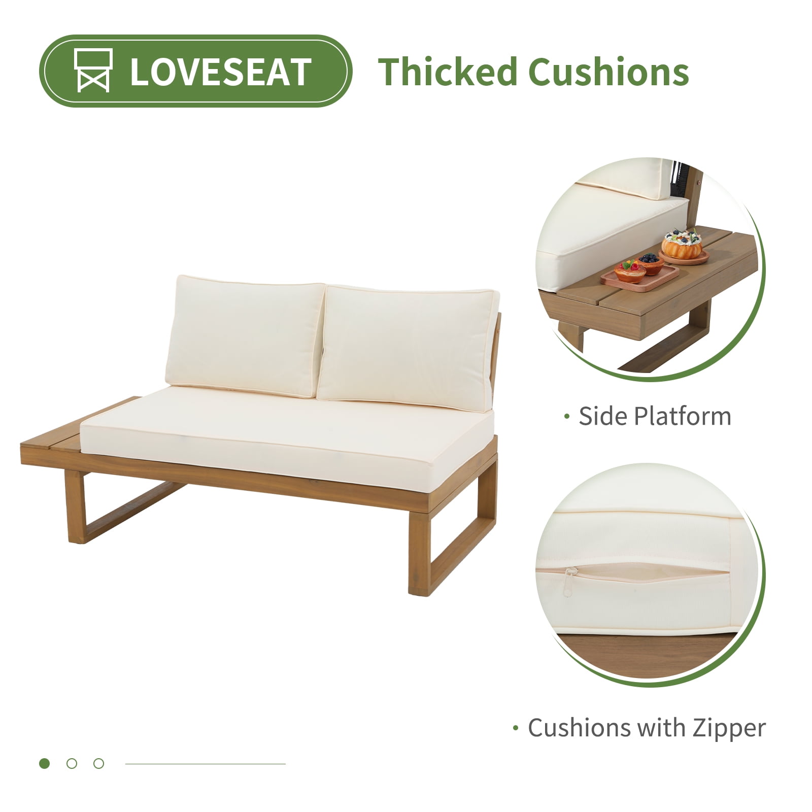 JOIVI Outdoor 4-Piece Acacia Wood Furniture Set, All-Weather Patio Sectional Sofa Set, Rope Lounge Couch with Wood Table, Cream White Cushion