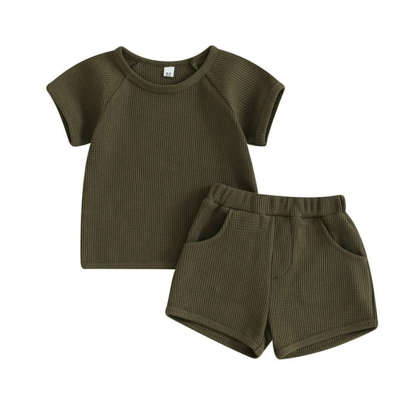 Zwiiyzr 2Pcs Summer Toddler Baby Boy Girl Clothes Set Unisex Waffle Solid Color Short Sleeve Tops Pocket Shorts Outfits 6M-4T Green