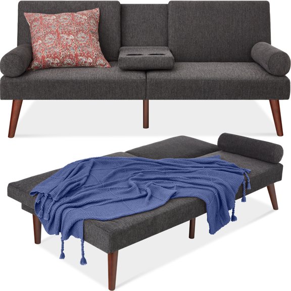 Best Choice Products Fabric Upholstered Convertible Futon w/ Rounded Armrests, Wooden Legs, 2 Cupholders - Charcoal