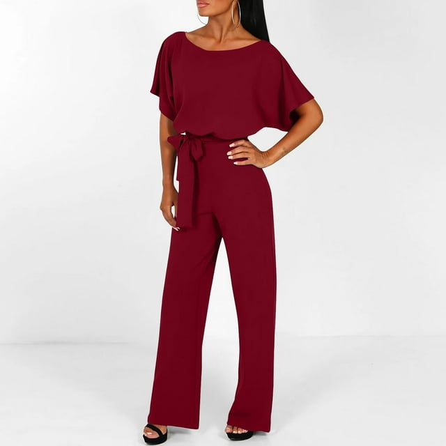 LOVZFMLL Combinaison pour Femme, Été à Manches Courtes Confortable Décontractée à Bretelles Combinaison Unie Bordeaux, m