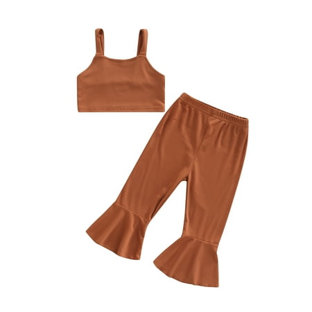 

Suanret 2Pcs Kids Toddler Girls Summer Outfits Solid Color Sleeveless Short Tank Tops + Elastic Waist Flare Pants Brown 2-3 Years