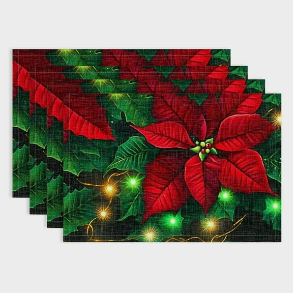 Fenyluxe Christmas Placemats Set of 4 Red Poinsettia Table Mats Merry Christmas Snowflake Placemat Heat Resistant Mat Winter Xmas Holiday Place Mat Dining Table Home Decor, Washable 18x12in
