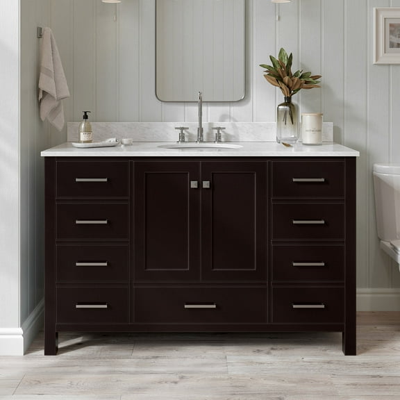 Ariel Cambridge 53 In. Single Oval Sink Vanity With Carrara White Marble 0.75 In Countertop In Espresso