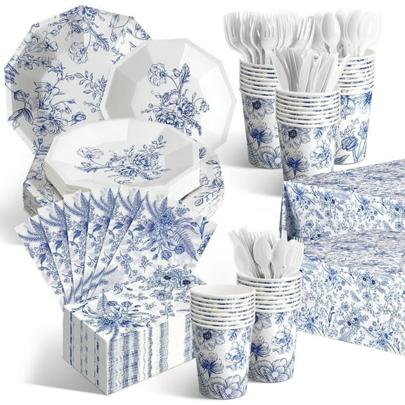 402 Pcs Blue Floral Disposable Tableware Set Serve 50 Baby Shower Party Decoration Bridal Shower Party Supplies Plates Napkins Plastic Tablecloths for Wedding Birthday Decoration