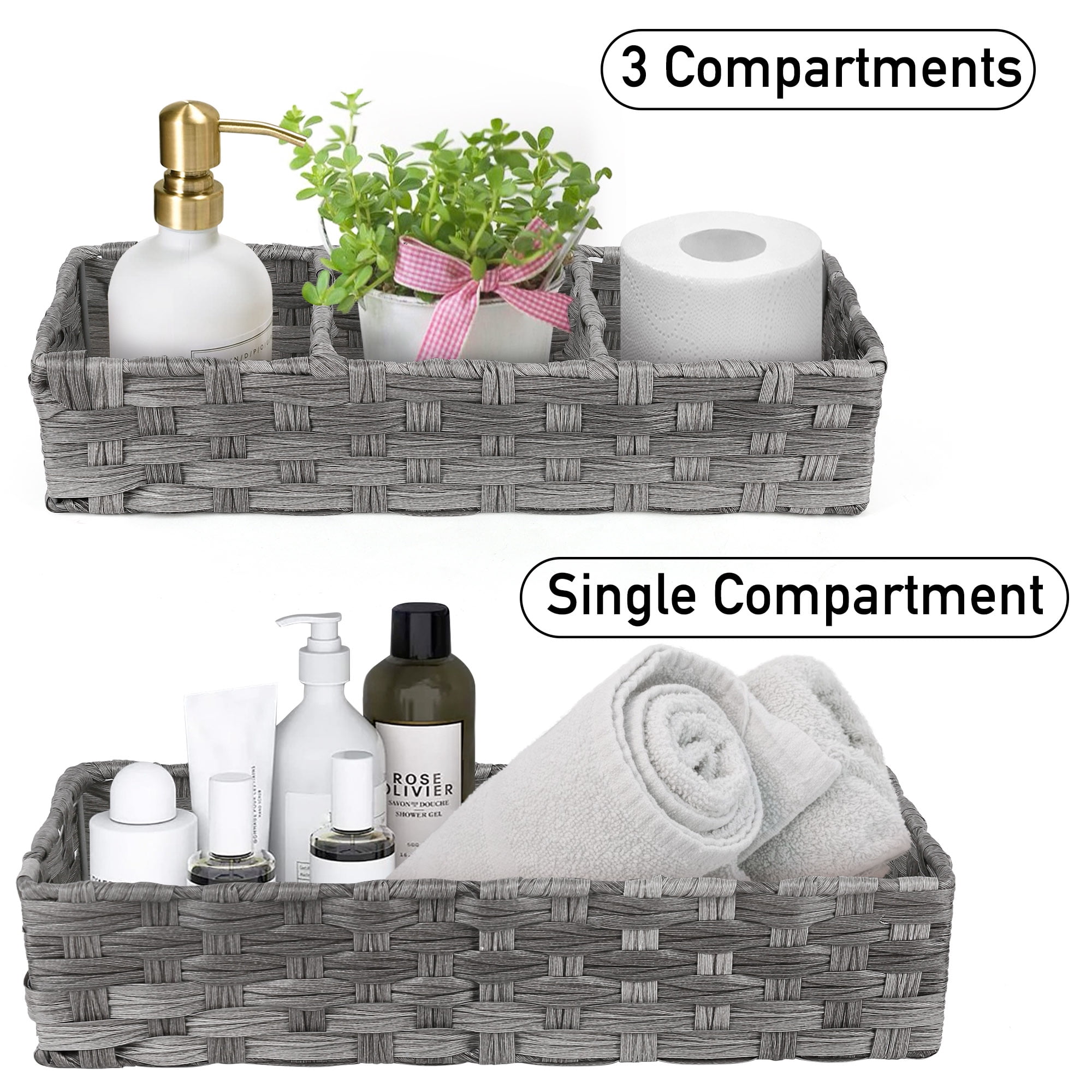 LotFancy Toilet Paper Storage Basket, 2 Pack Woven Wicker Toilet Tray Tank Topper Baskets,Gray