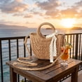 thumbnail image 5 of Round Small Crossbody Grass Woven Bag for Women, Handmade Paper Rope Woven Bag with Lace Carry Handle, Cute Mini Round Straw Beach Tote for Girls Summer Vacation Beach Travel Shopping, 5 of 6