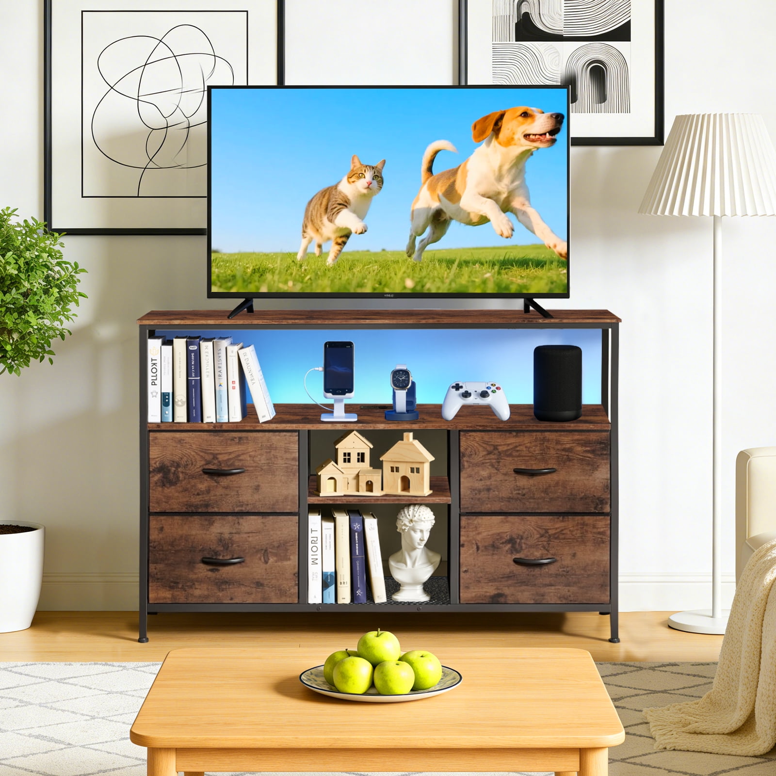 Simenmax TV Stand Dresser, Smart LED TV Stand with Charging Station, 4-Drawer Media Console for Living Room & Bedroom, Fits 50 Inch TV, Adjustable Feet, Brown