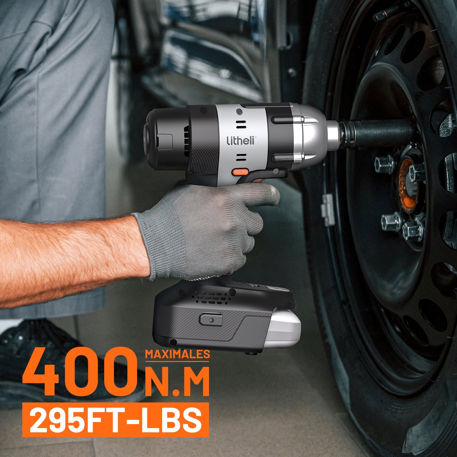 Litheli 20V Cordless Impact Wrench includes 1/2" Impact Drill with 400N.m Max Torque and LED Light for Dark Environment, 2.0Ah Battery, 4PC Socket Wrench and Tool Bag